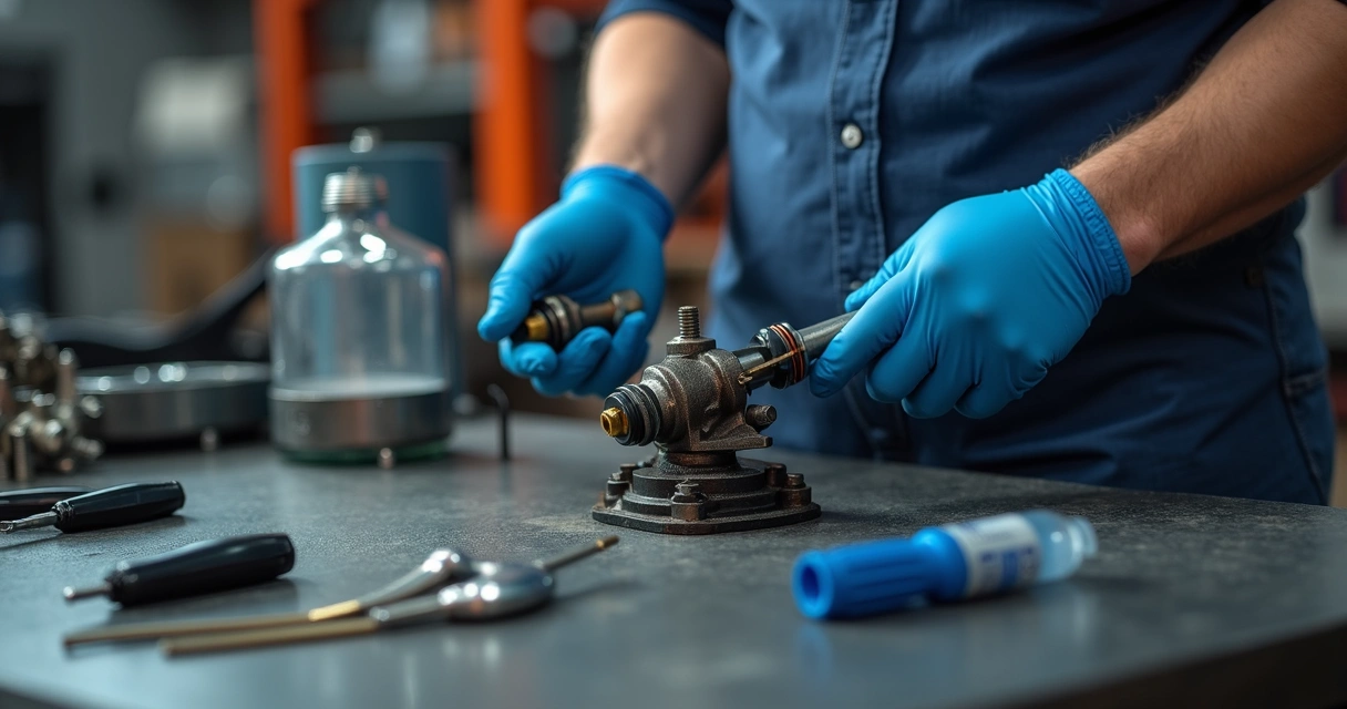 Técnico verificando bico injetor diesel com ferramentas em bancada