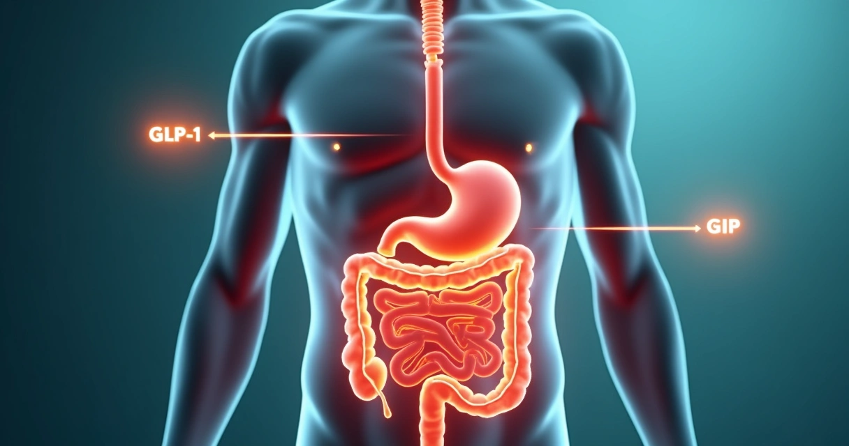 Diagram showing dual hormone pathways activated by injectable weight loss medication. 