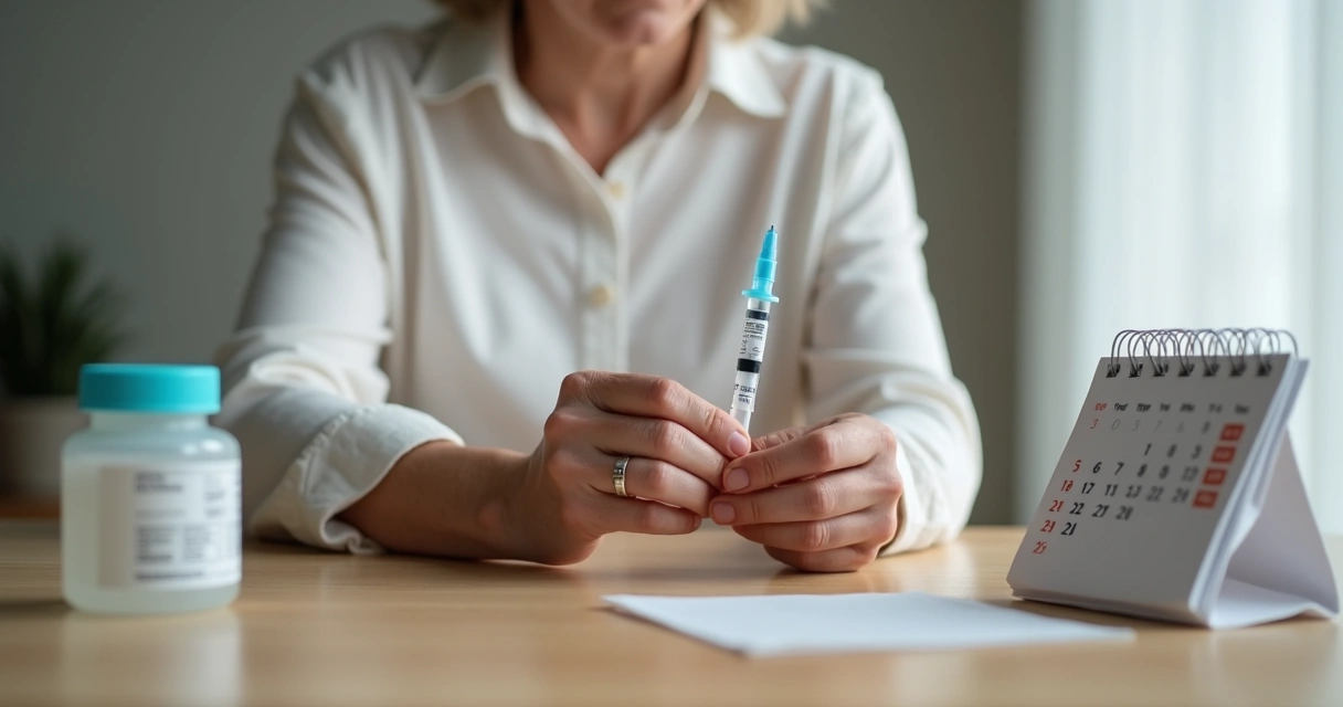 Person giving themselves a subcutaneous injection in the upper arm 