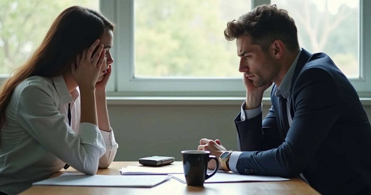 Duas pessoas conversando, uma se mostrando visivelmente incomodada enquanto a outra parece indiferente, sentadas em uma mesa de escritório 
