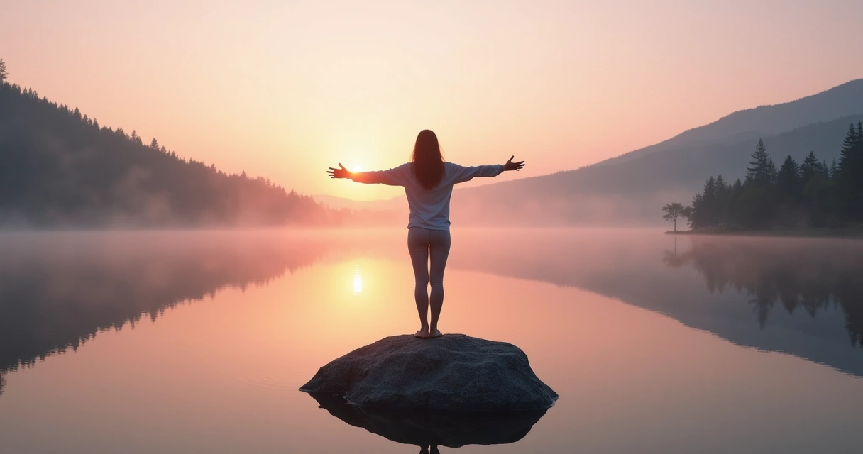 Woman standing on a rock by a calm lake, arms open, reflection in water 
