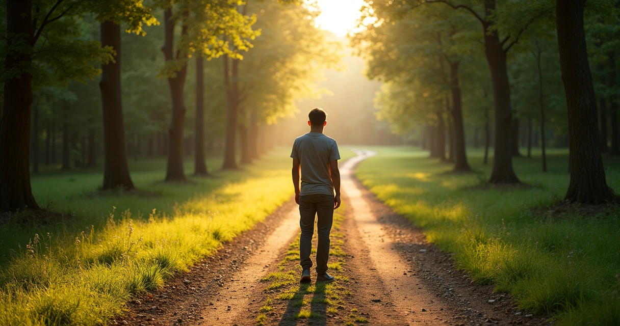 Person standing at forest crossroads aligning before a big decision 
