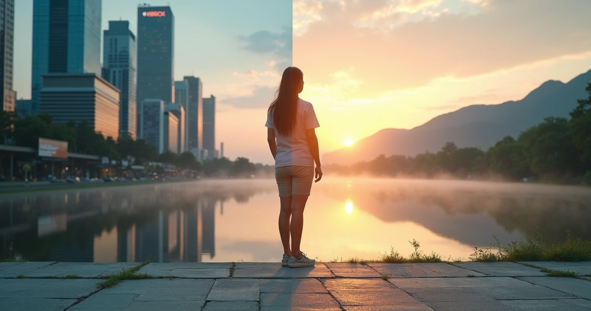 Person standing between city skyline and calm nature reflecting on life choices 