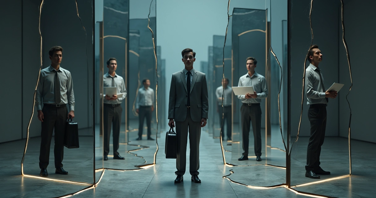 Person surrounded by mirrored fragments showing different ambitious selves 