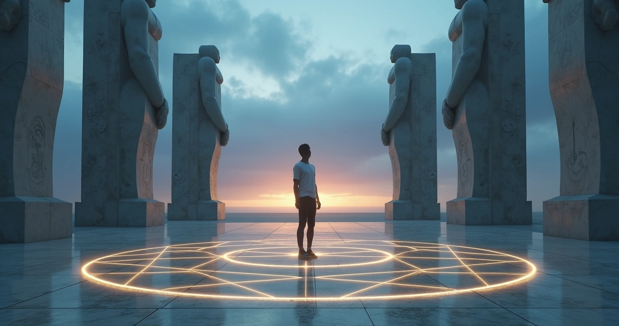 Person standing at center of glowing lines amid towering faceless statues 