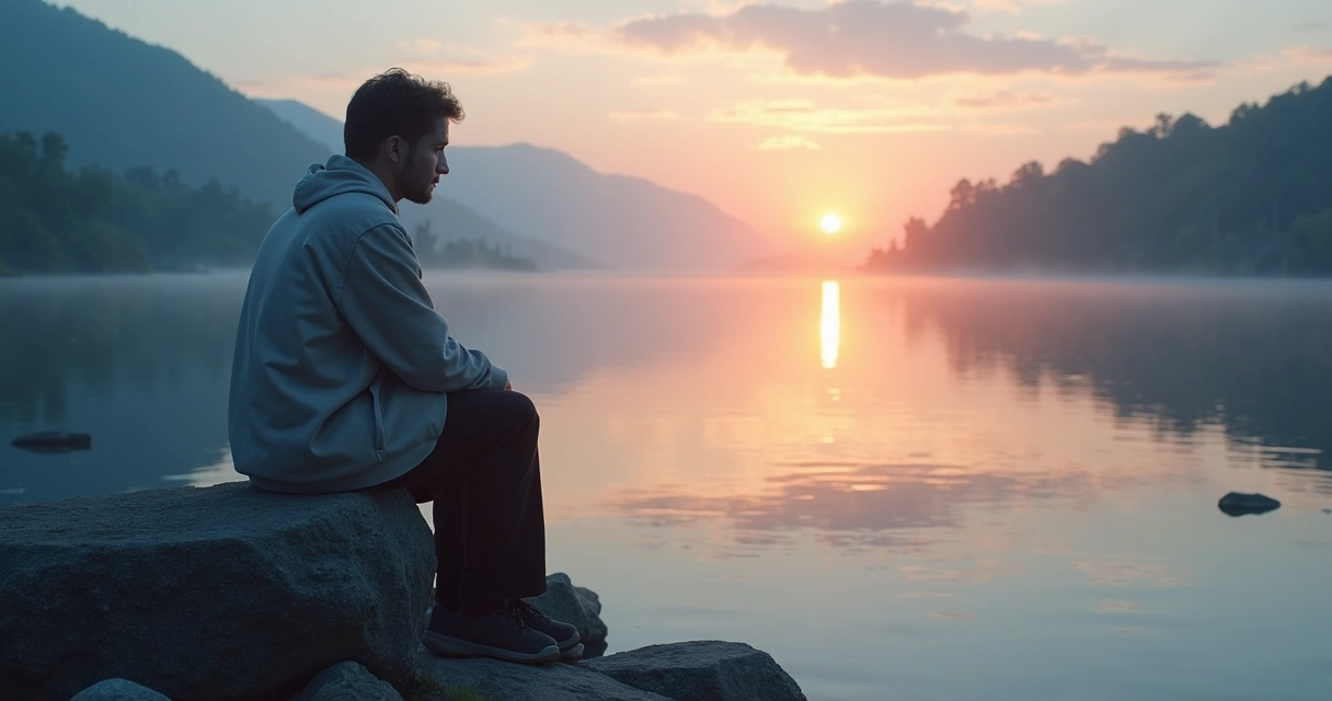 Person sitting quietly at sunrise, reflecting by a calm lake, with subtle tension in posture.
