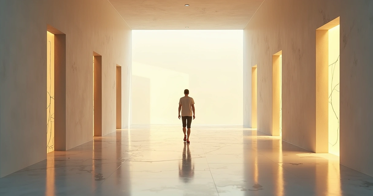 Person walking along a corridor of doors blocked by subtle invisible barriers 