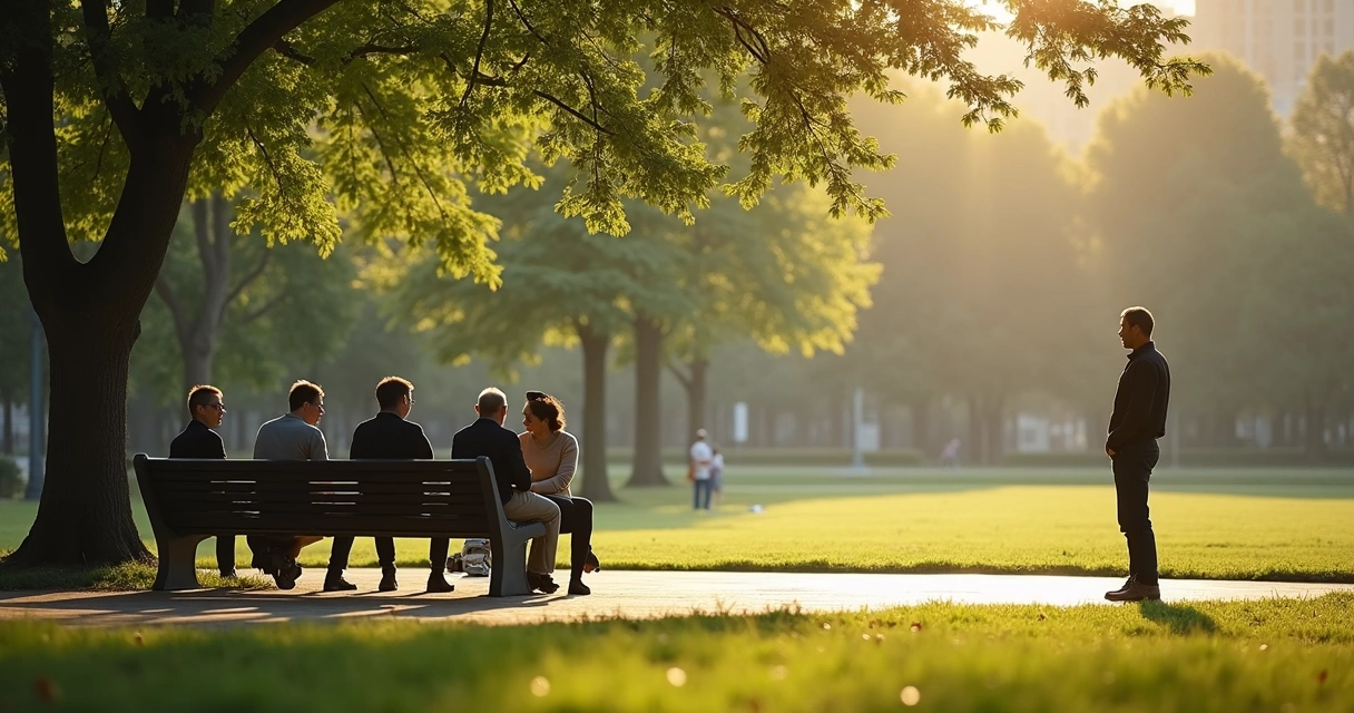 Person standing apart from a group in a park, looking into the distance.