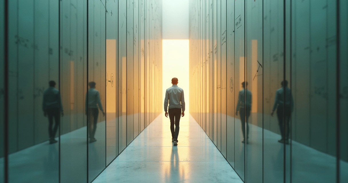 Person walking through a maze of mirrors toward a bright doorway 