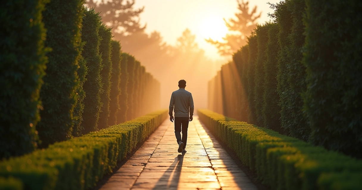 Person walking along glowing path through hedge maze at sunrise 