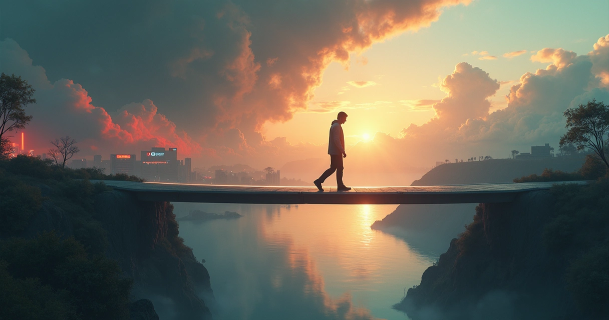 Person crossing a narrow bridge between turbulent and calm landscapes 