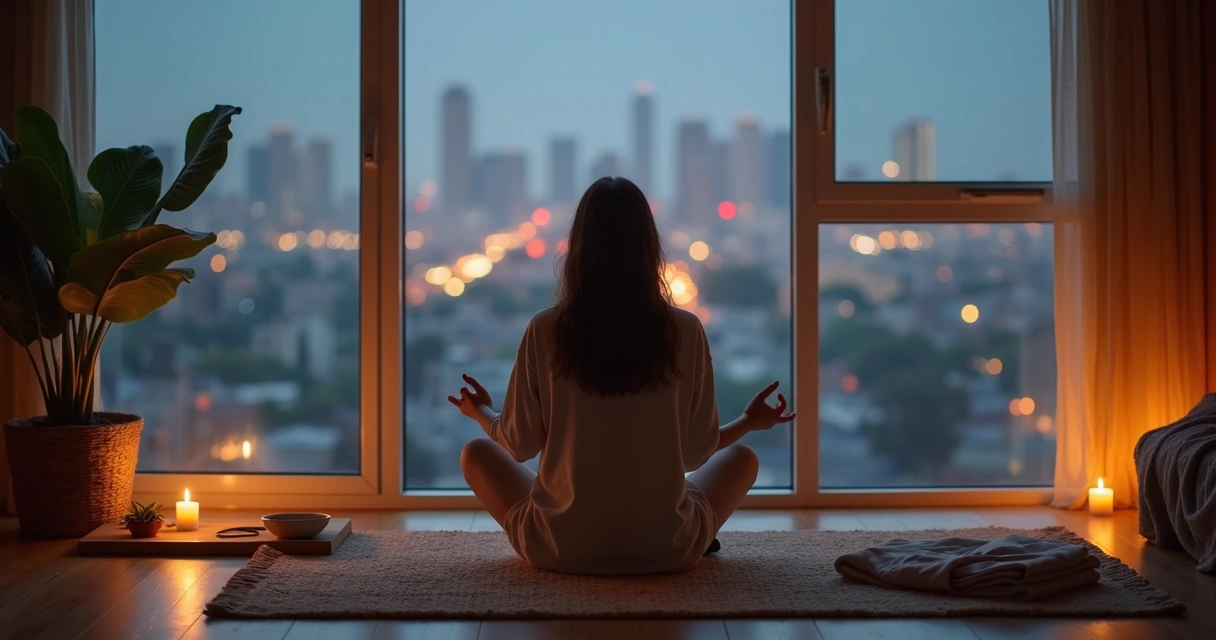 Person sitting on floor by window practicing a calming ritual above a softly blurred cityscape 