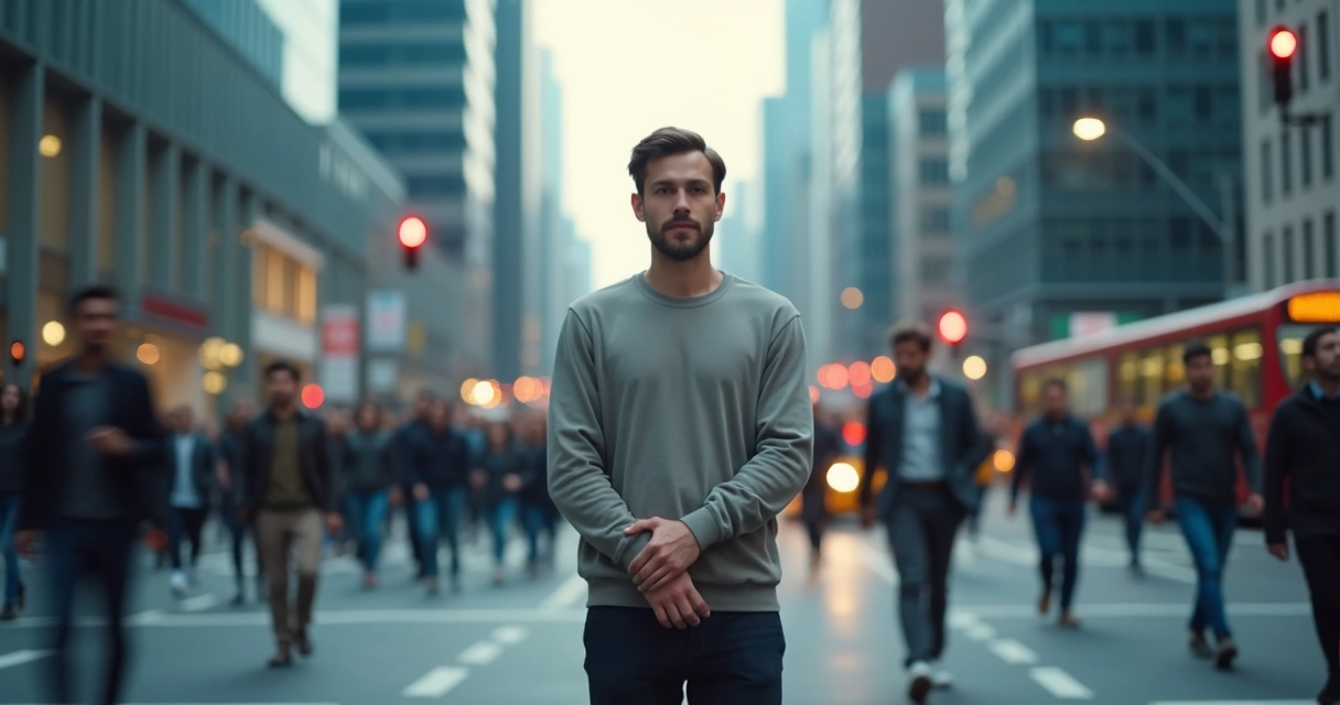 Person standing calm in a busy city intersection with blurred crowd motion around 