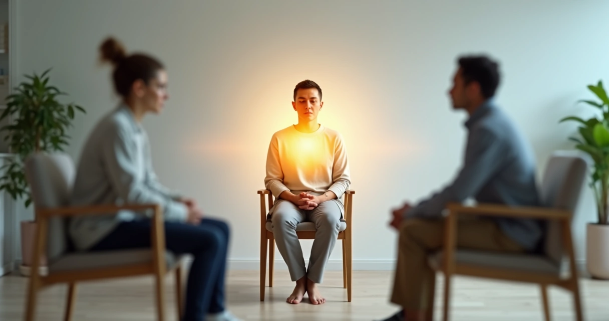 Person sitting between two blurred figures with calm light around their chest 