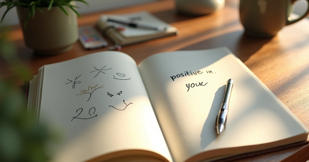 Journal open on a desk with a pen and drawn childlike doodles