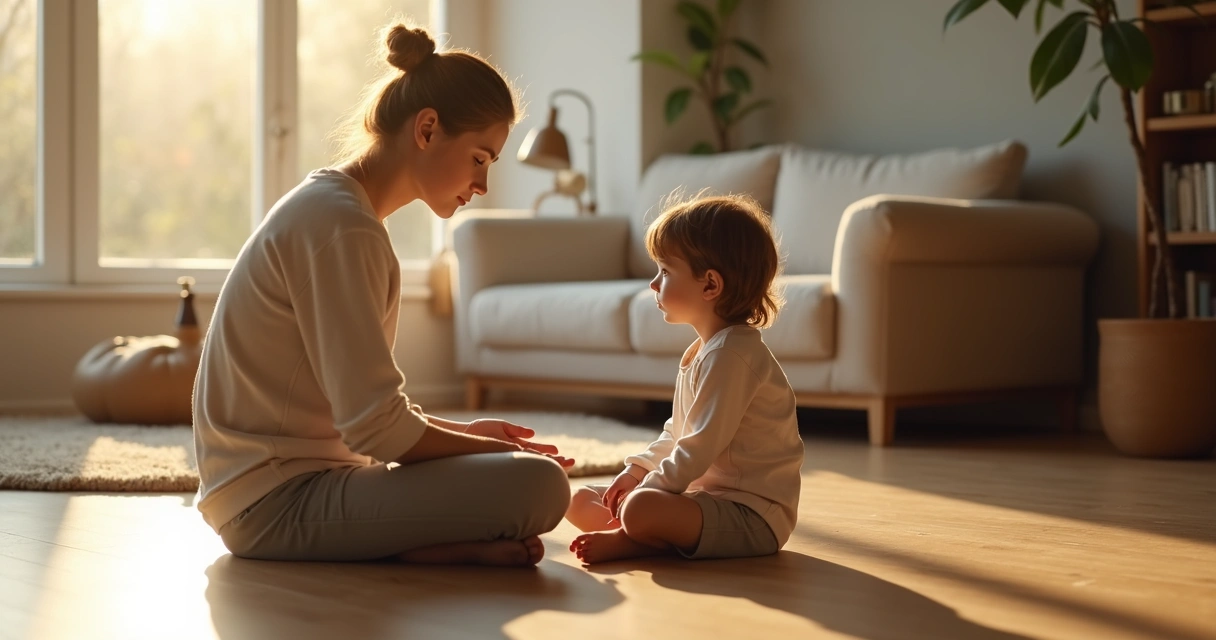 Adult sitting with younger self in a calm room with warm light 