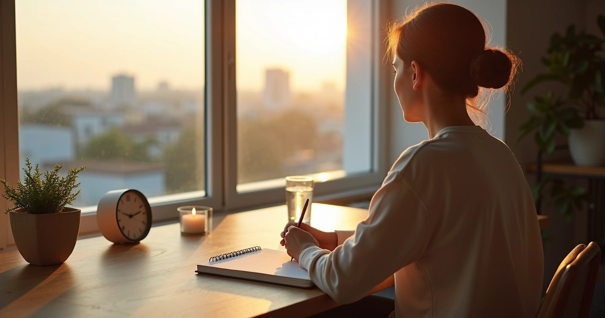 Person sitting at a desk by a window calmly reflecting before making a decision 