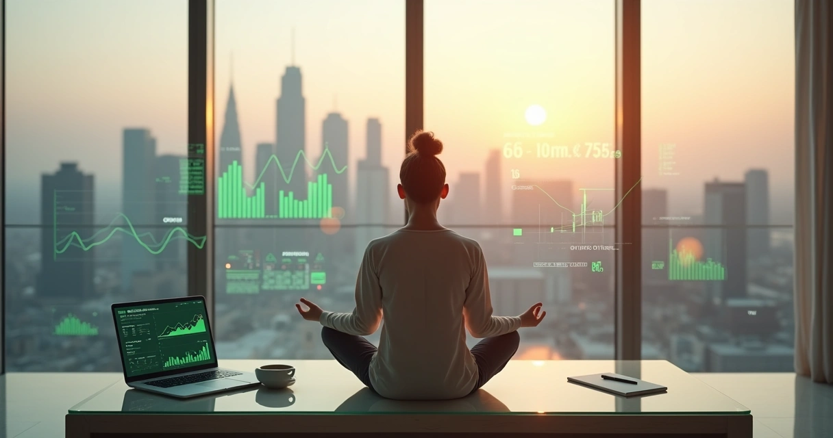 Person meditating in front of financial charts on a city skyline at sunrise 