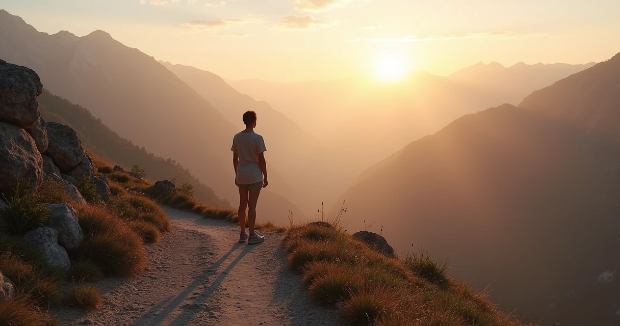 Person standing at sunrise on a mountain path looking toward a branching trail 