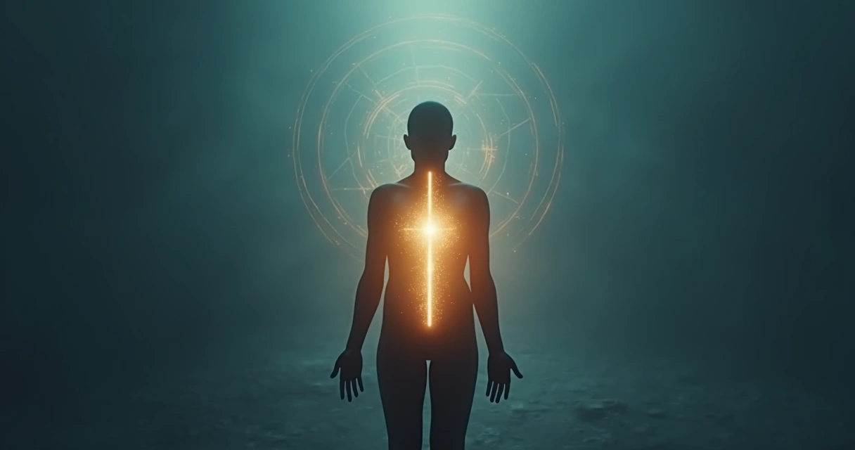 Human silhouette aligned with a glowing path through body and mind 