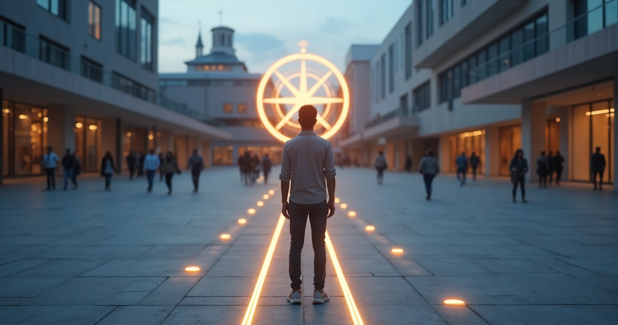 Person choosing between paths guided by glowing inner compass 