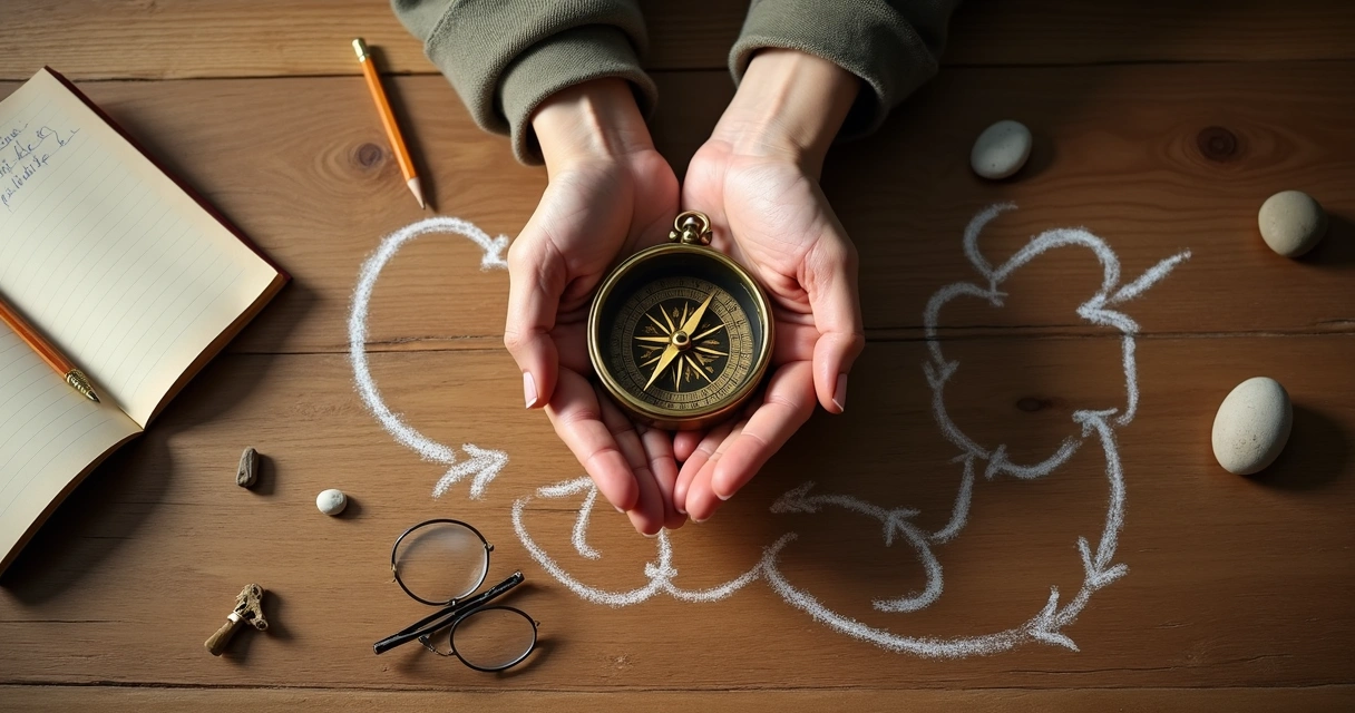 Overhead view of hands holding a compass over branching paths drawn on a wooden table 
