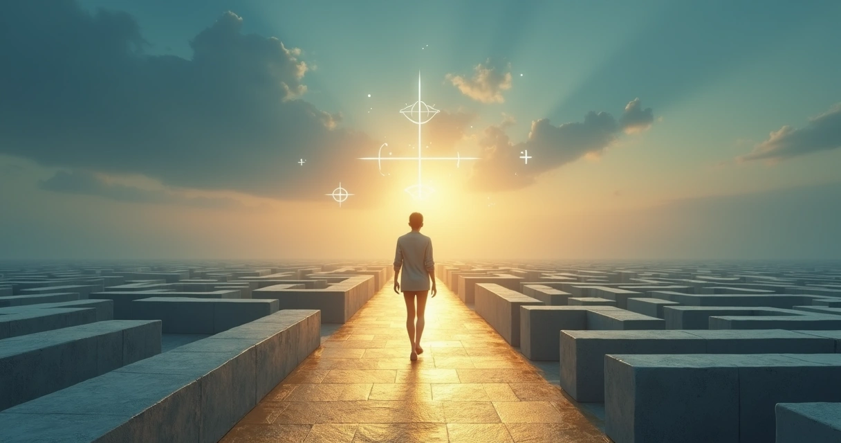 Person walking on glowing path over abstract maze with floating compass 