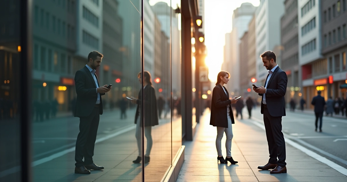 Person reflected in three fragmented glass panels in busy city street 