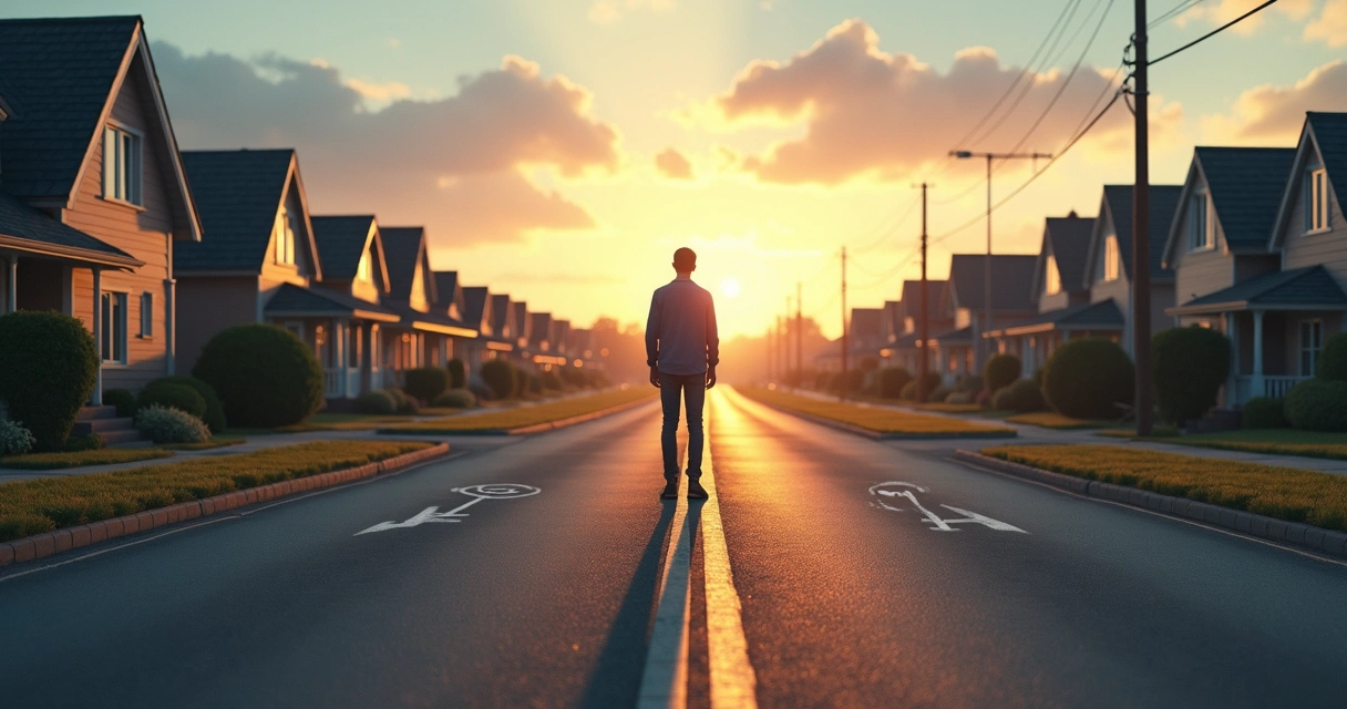 Person on a road split between a city of family homes and a bright horizon of chosen values 