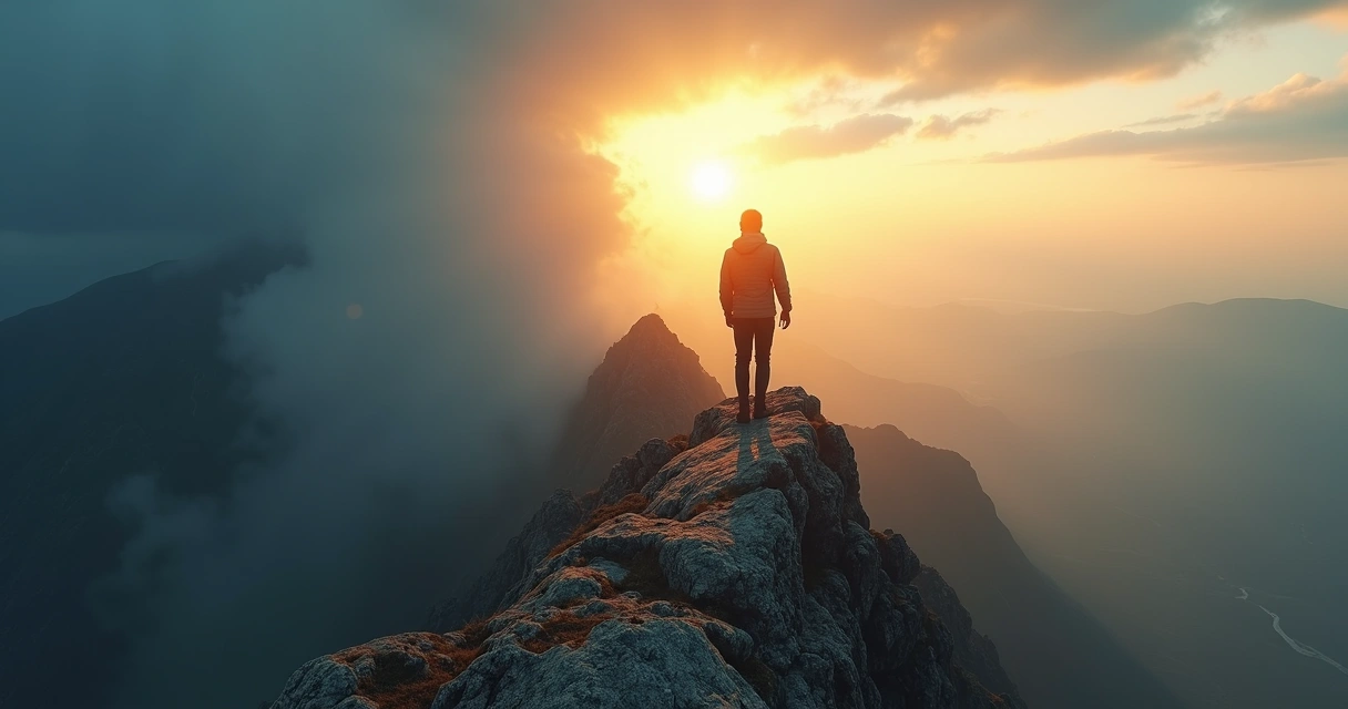 Person standing between light and shadow on a mountain ridge 