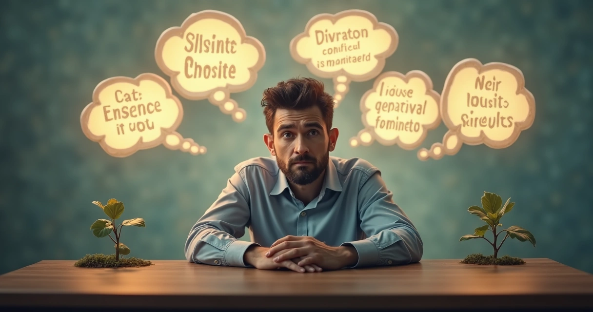 Illustration of a person surrounded by conflicting thoughts