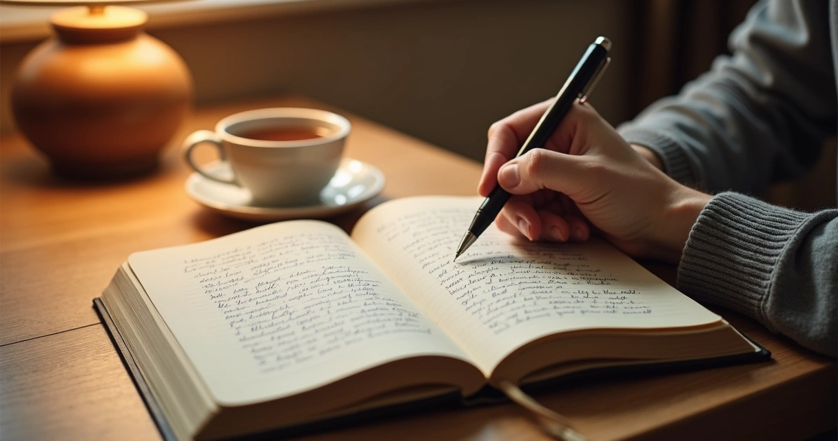 Close-up of a hand holding a pen over a journal page with notes about emotions and thoughts. 