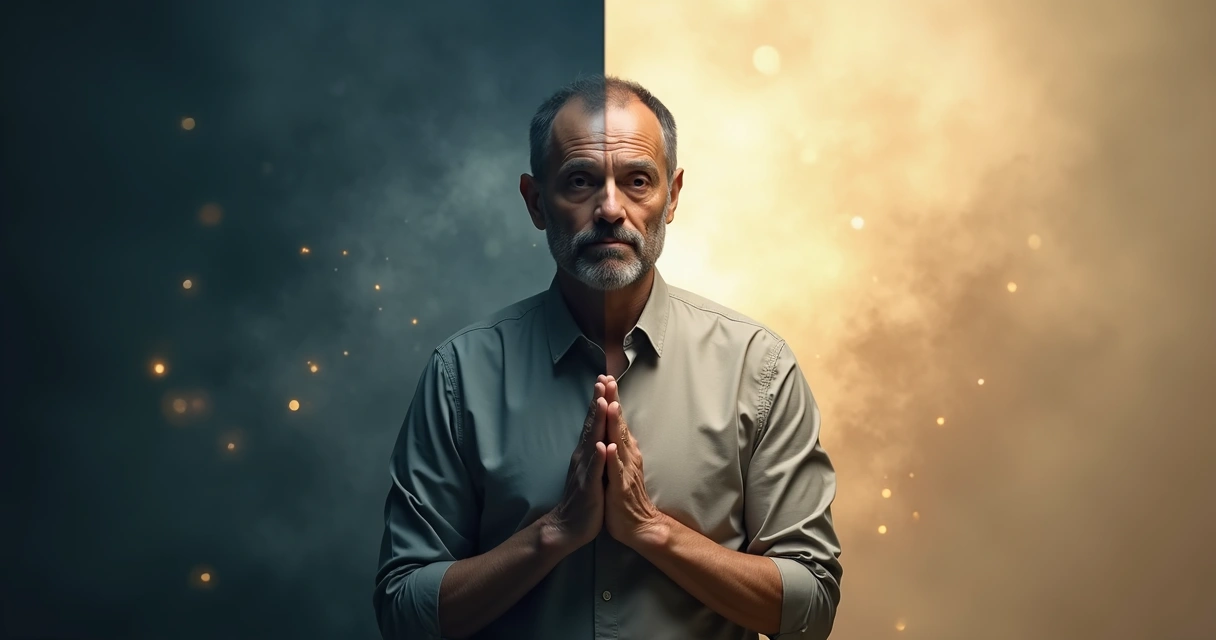 Person split between inner turmoil and calm aligned behavior 