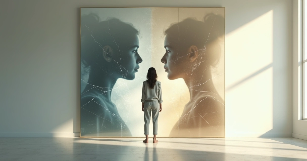 Person facing mirror with fragmented and integrated reflections 