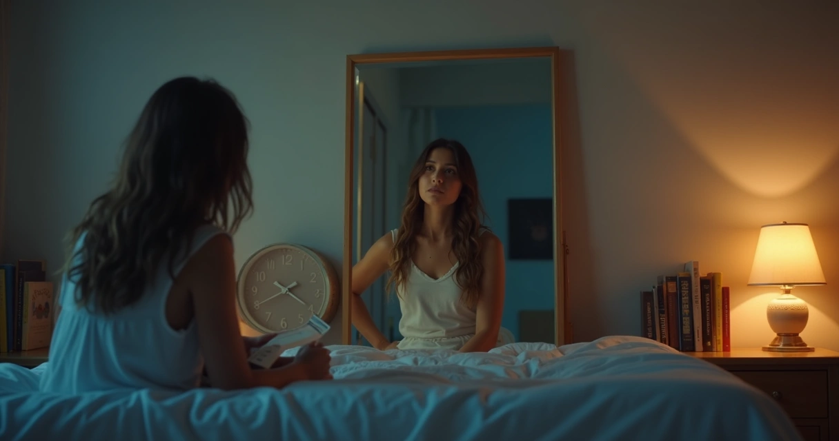 Person reflecting in the mirror with expressions of doubt and inner conflict