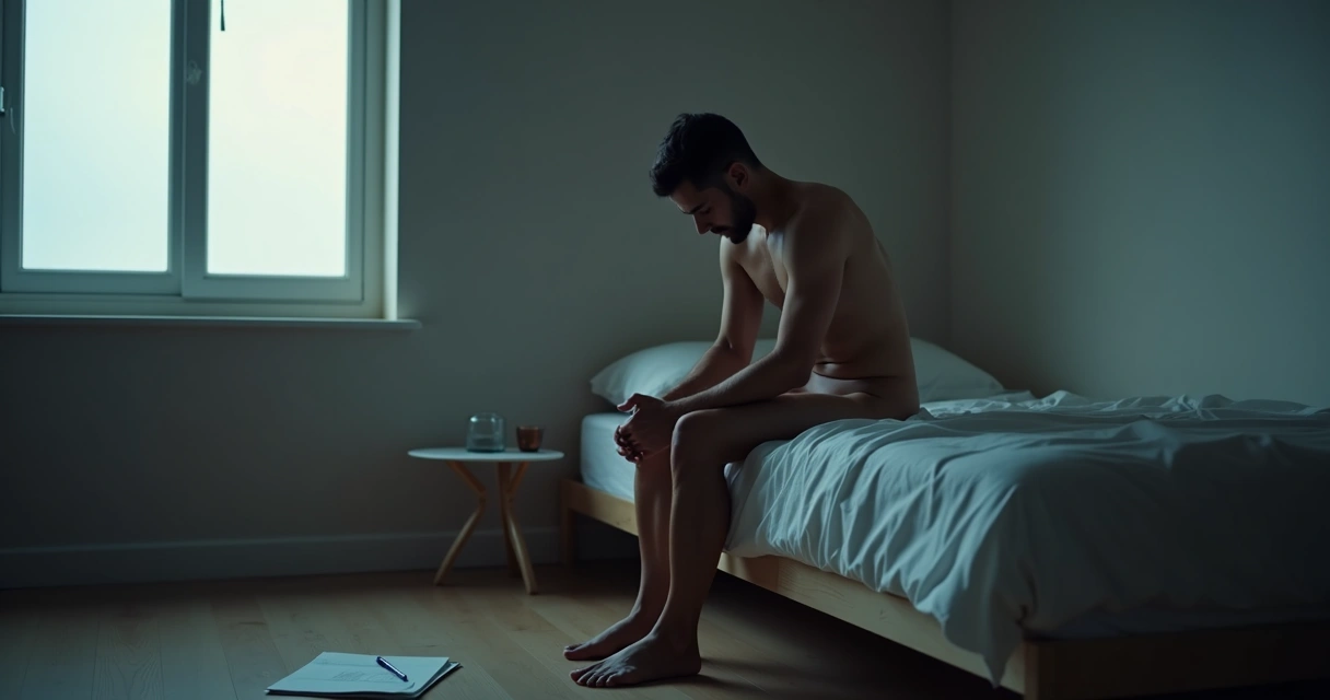 Person sitting on a bed in a dim room with light and shadow dividing their face 