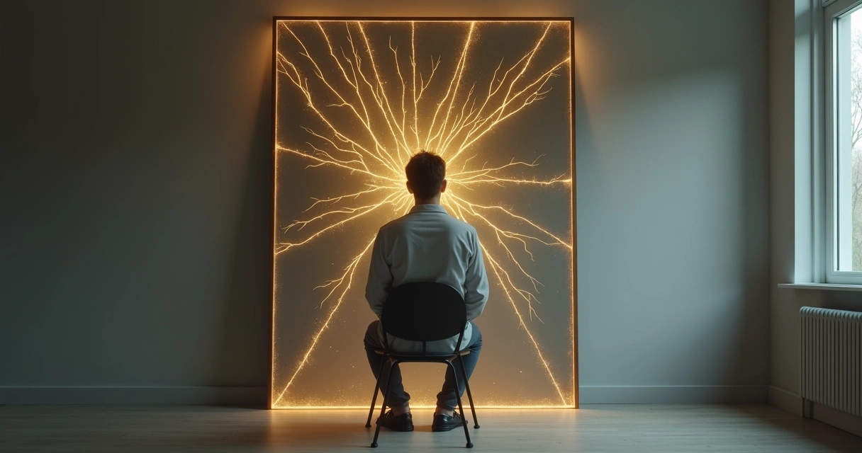 Person reflected in fractured mirror with roots connecting mind and heart 