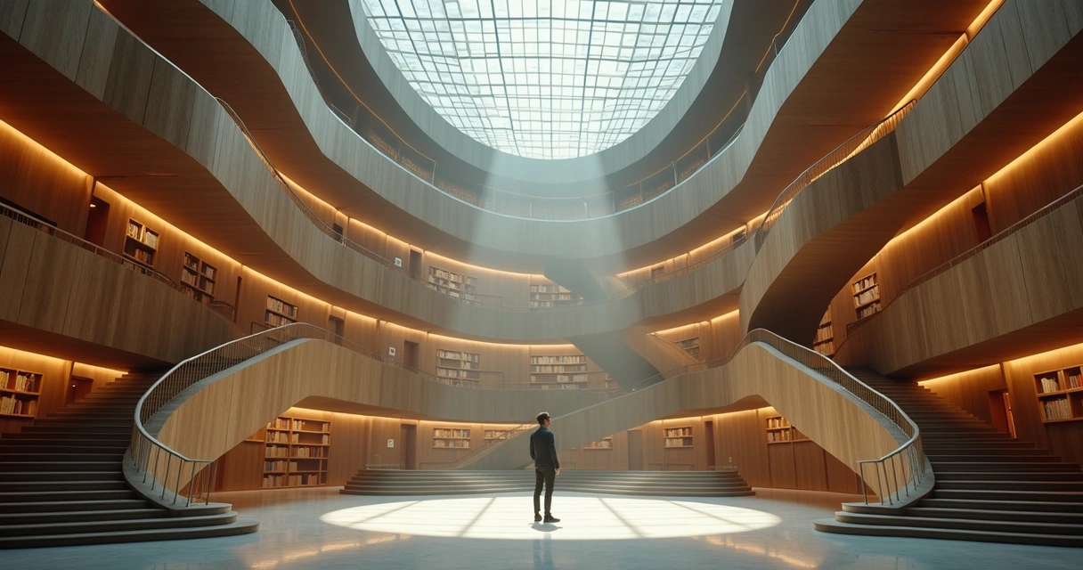 Person standing in circular library with winding staircases representing inner conflict 