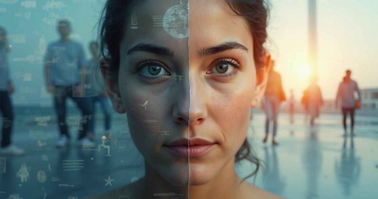 Split face showing inner conflict on one side and emotional clarity on the other 