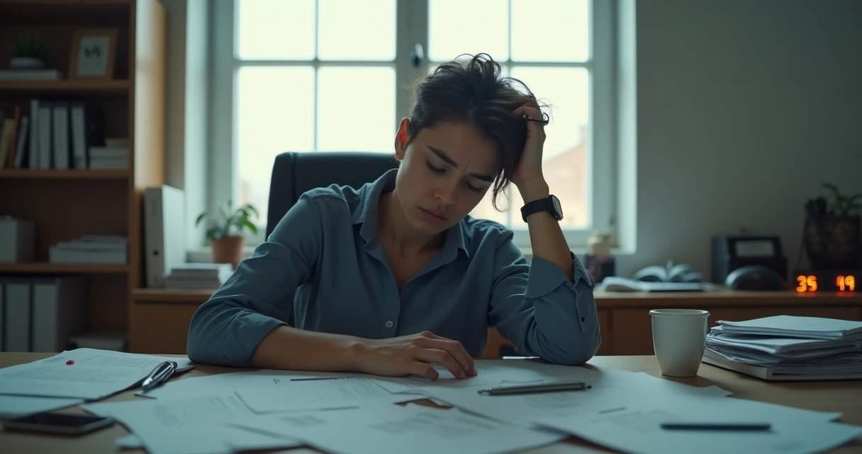 Person at a desk looking conflicted with documents scattered around