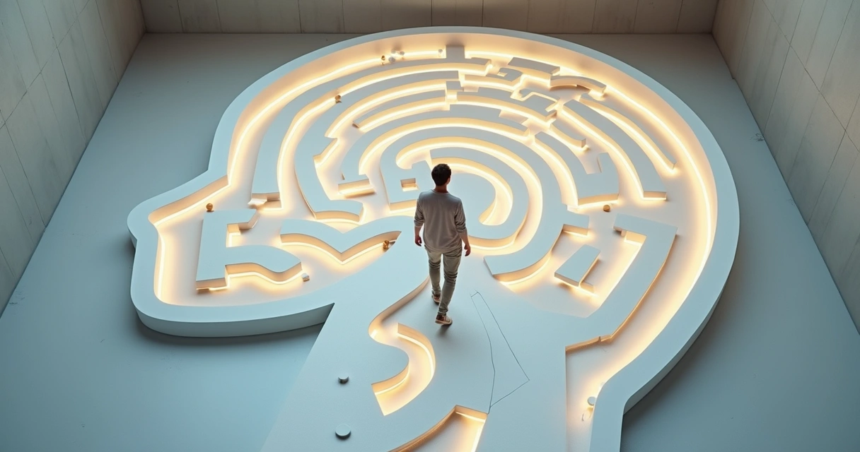 Person walking inside a luminous labyrinth-shaped room 