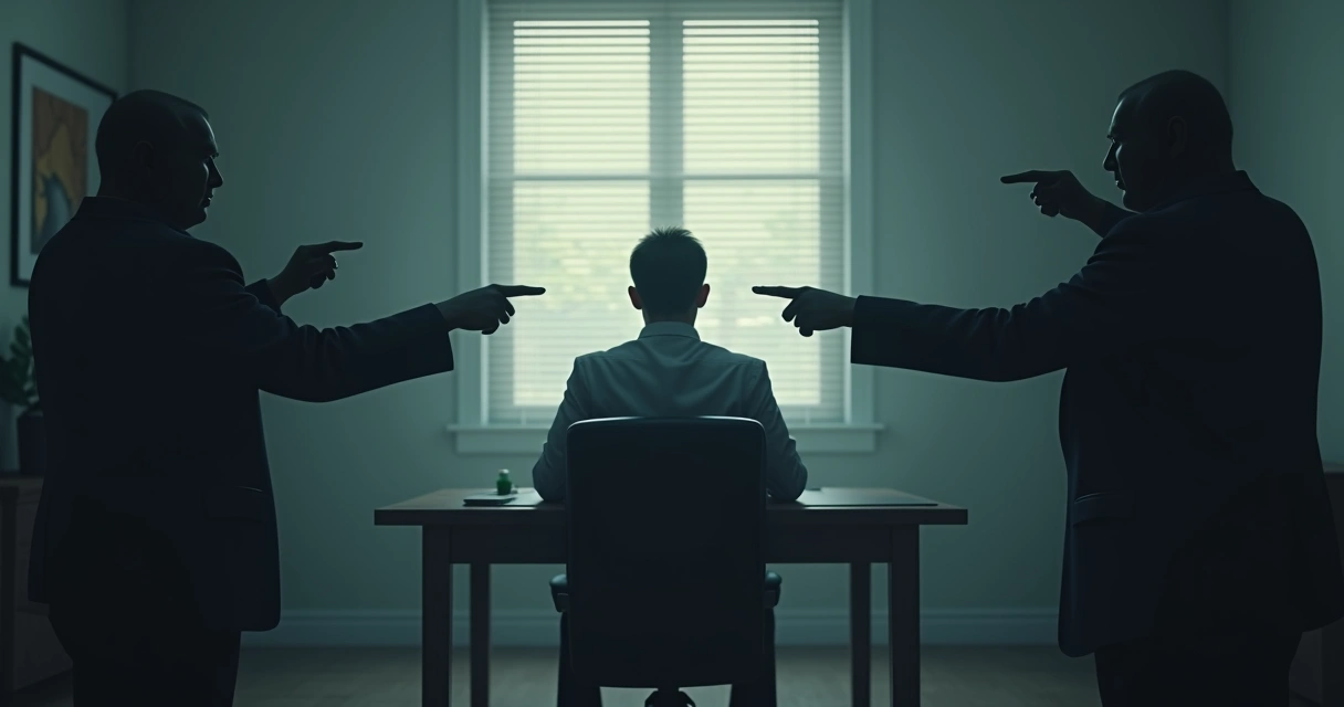 Person sitting at a desk with shadowy faces pointing fingers at them 