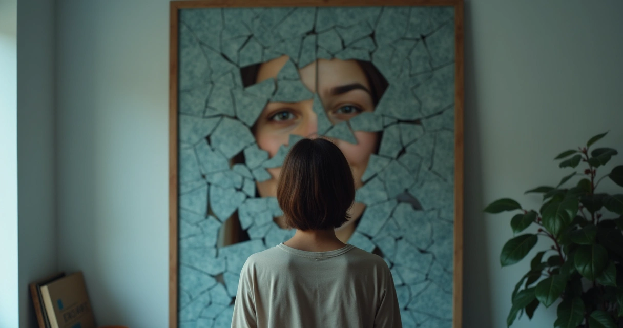 Person facing fragmented mirror with distorted reflections 