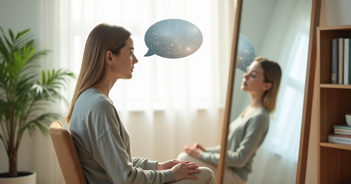 Person facing their reflection with calm inner dialogue visuals 