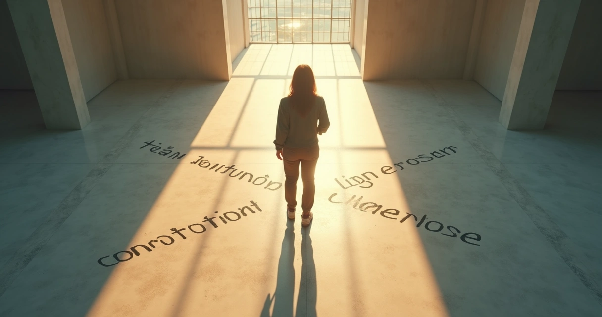 Person standing at an indoor crossroads of light and shadow 