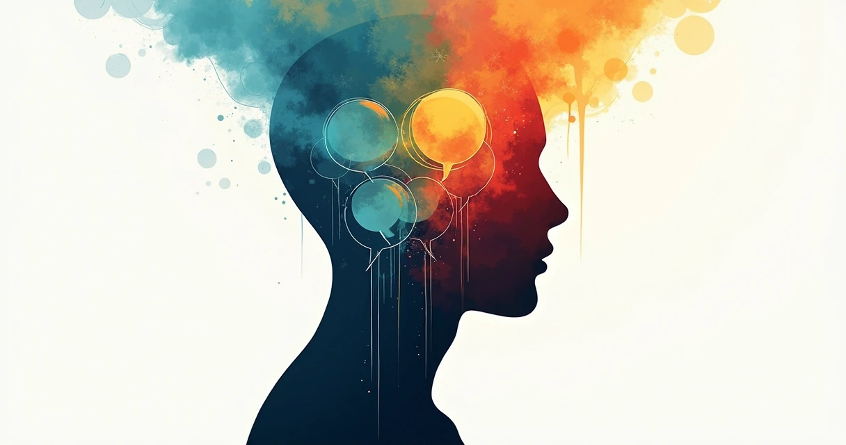 Abstract painting illustrating internal dialogue with contrasting colors and shapes 