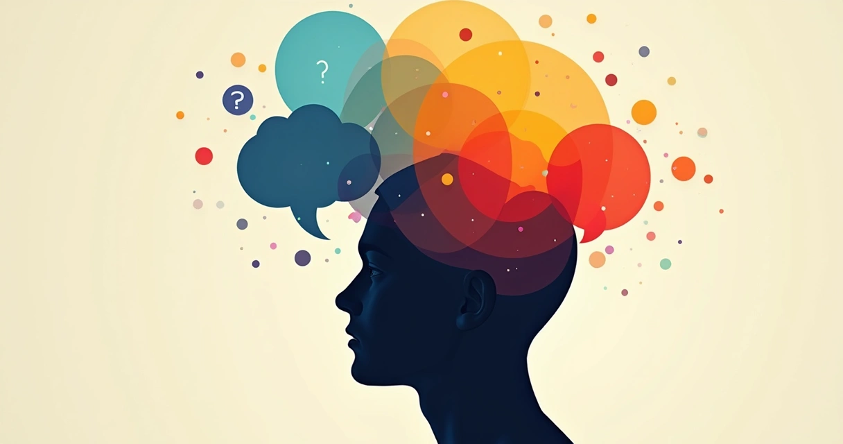 Abstract human head silhouette with layered thought bubbles 