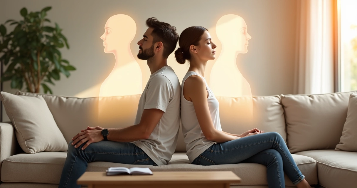 Couple sitting back to back reflecting with calm inner dialogue 