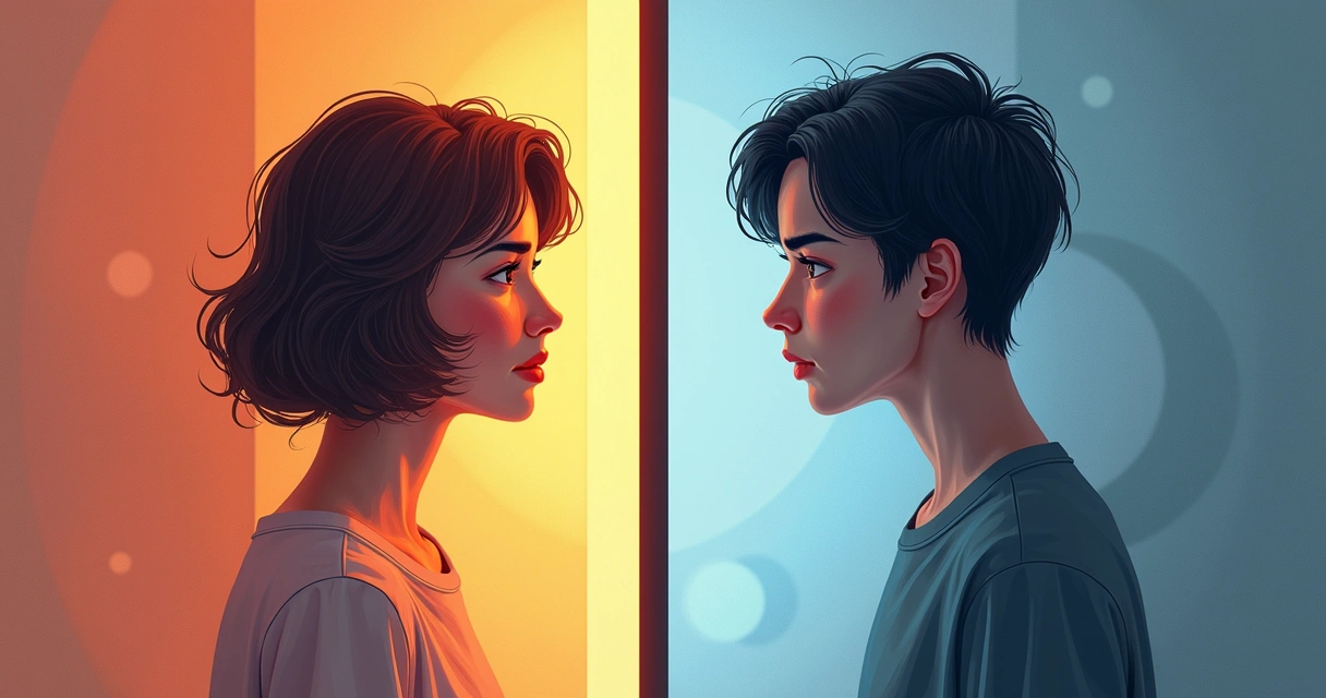 Illustration showing two versions of the same person, one side in warm colors with a gentle expression representing self-awareness, and the other in cooler colors with a stern expression symbolizing self-judgment, background is soft and abstract. 