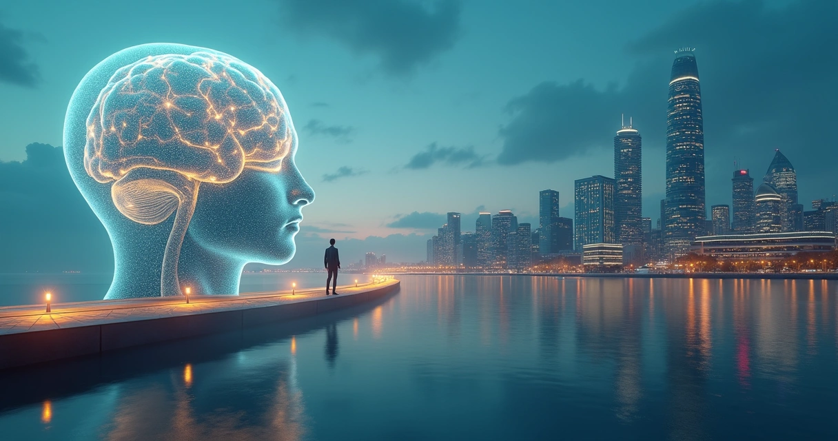 Leader crossing glowing bridge between brain and city skyline 